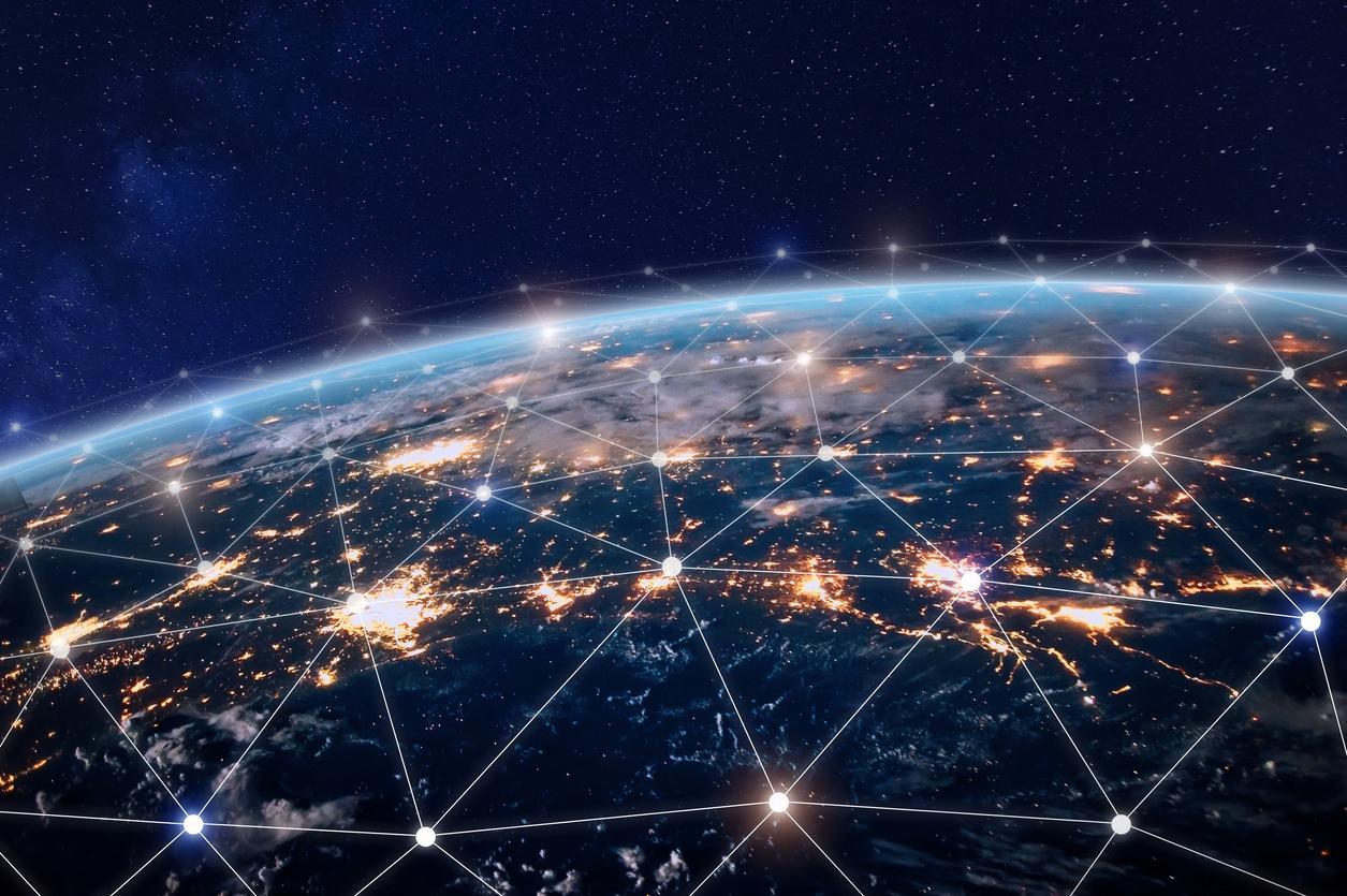 Global telecommunication network, nodes connected around earth, internet, worldwide communication